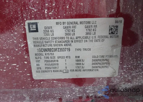 2015 Chevrolet Silverado 1500 1Lt from USA, damaged, VIN 1GCVKREC9FZ353719